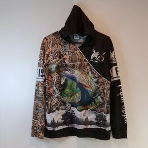 Zootop Bear All Over Print Northern Pike Fishing Camo Hoodie Men's Sz Sm EUC